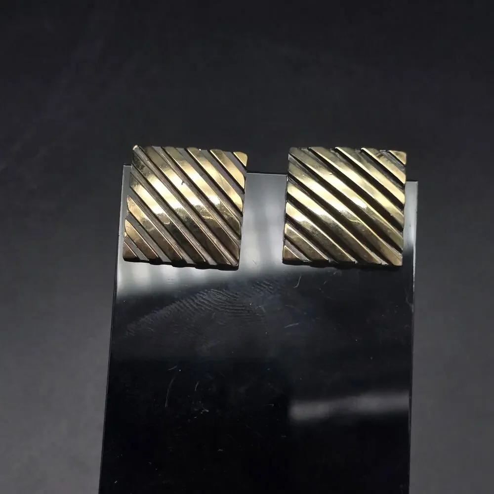 Vintage Gold Tone Square Cufflinks Diagonal Striped